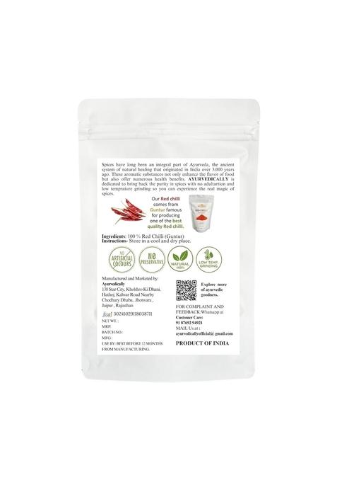 AYURVEDICALLY Guntur Red Chilli Powder 1kg | Fresh Lal Mirchi with Deep Colour Natural Oils Authentic Hand Pounded for Maximum Freshness and Aroma No Added Flavours or Colours Pure Chemical-Free