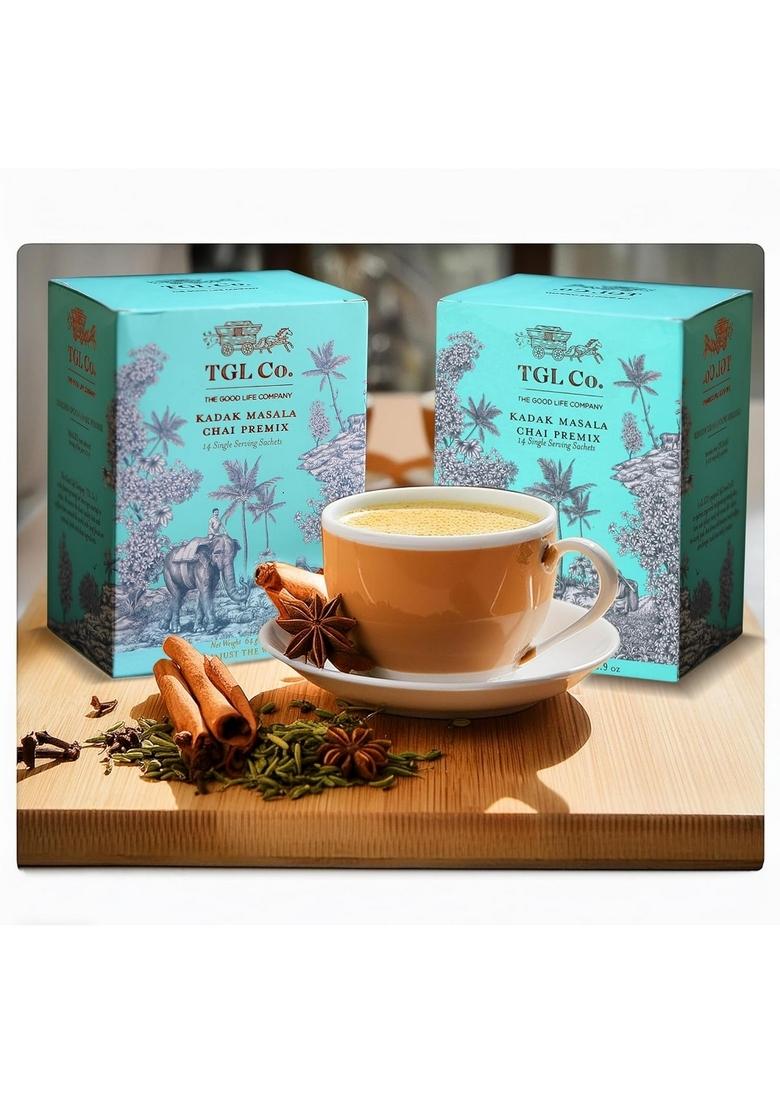 TGL Co. The Good Life Company Kadak Masala Chai Premix (Pack of 2, 14 Sachets Each)|Anti-Inflammatory & Antibacterial Properties| Bold Aromatic Spiced Tea | Instant Convenient Desi |Perfect for Travel On-the-Go