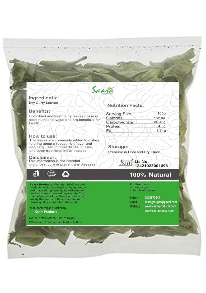 saara HERBAL FRESH Dry Curry Leaves (100 gram) Karuveppillai Dried Leaves,Dry Kadi Patta,Murrya koenigii,Curry Leaf for Eating, Cooking, 100g (Pack of 1 x 100g)