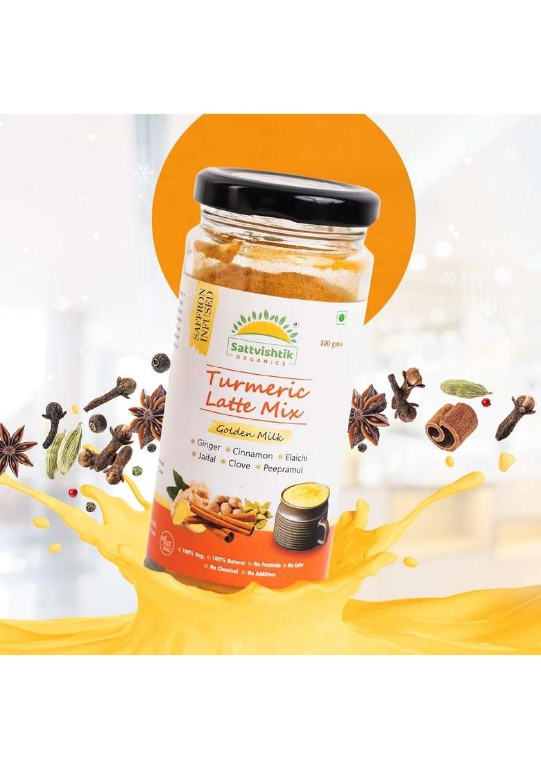 SATTVAMRIT Sattvishtik Turmeric Latte Mix 100 gm Jar, Golden Milk Powder, Organic, Gluten-Free & Vegan, Immunity Booster, Ayurvedic, 100% Natural, Ginger-Elaichi, Indian Spices - Indya