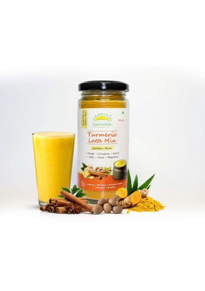 SATTVAMRIT Sattvishtik Turmeric Latte Mix 100 gm Jar, Golden Milk Powder, Organic, Gluten-Free & Vegan, Immunity Booster, Ayurvedic, 100% Natural, Ginger-Elaichi, Indian Spices - Indya