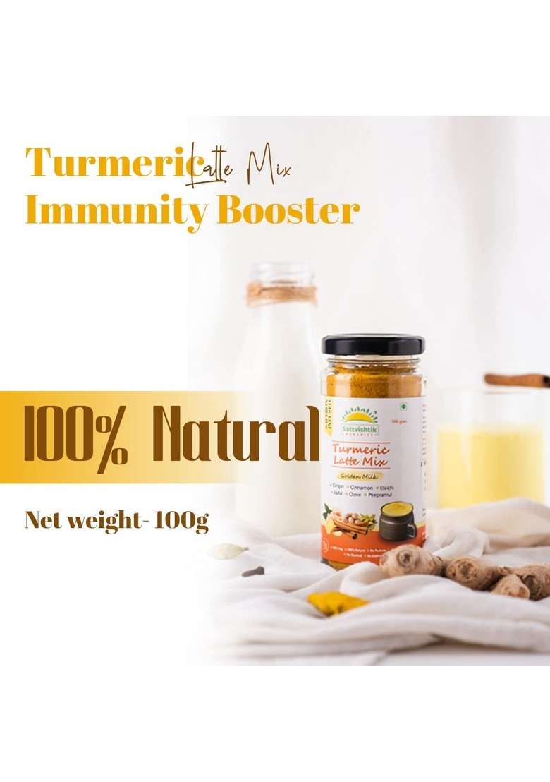 SATTVAMRIT Sattvishtik Turmeric Latte Mix 100 gm Jar, Golden Milk Powder, Organic, Gluten-Free & Vegan, Immunity Booster, Ayurvedic, 100% Natural, Ginger-Elaichi, Indian Spices - Indya