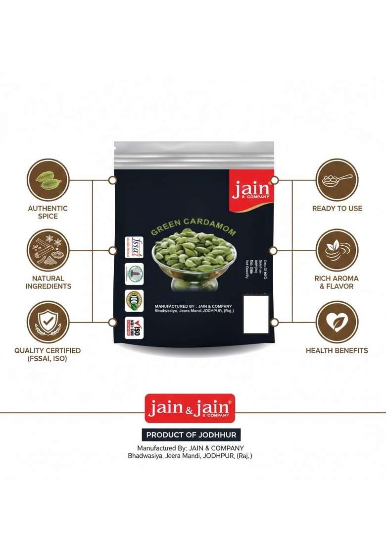 Jain & Company Green Cardamom (Elaichi) | Premium Whole Aromatic Pods 100% Natural Fresh Strong Aroma Flavour Ideal for Tea, Desserts Cooking (250 gm) - Indya
