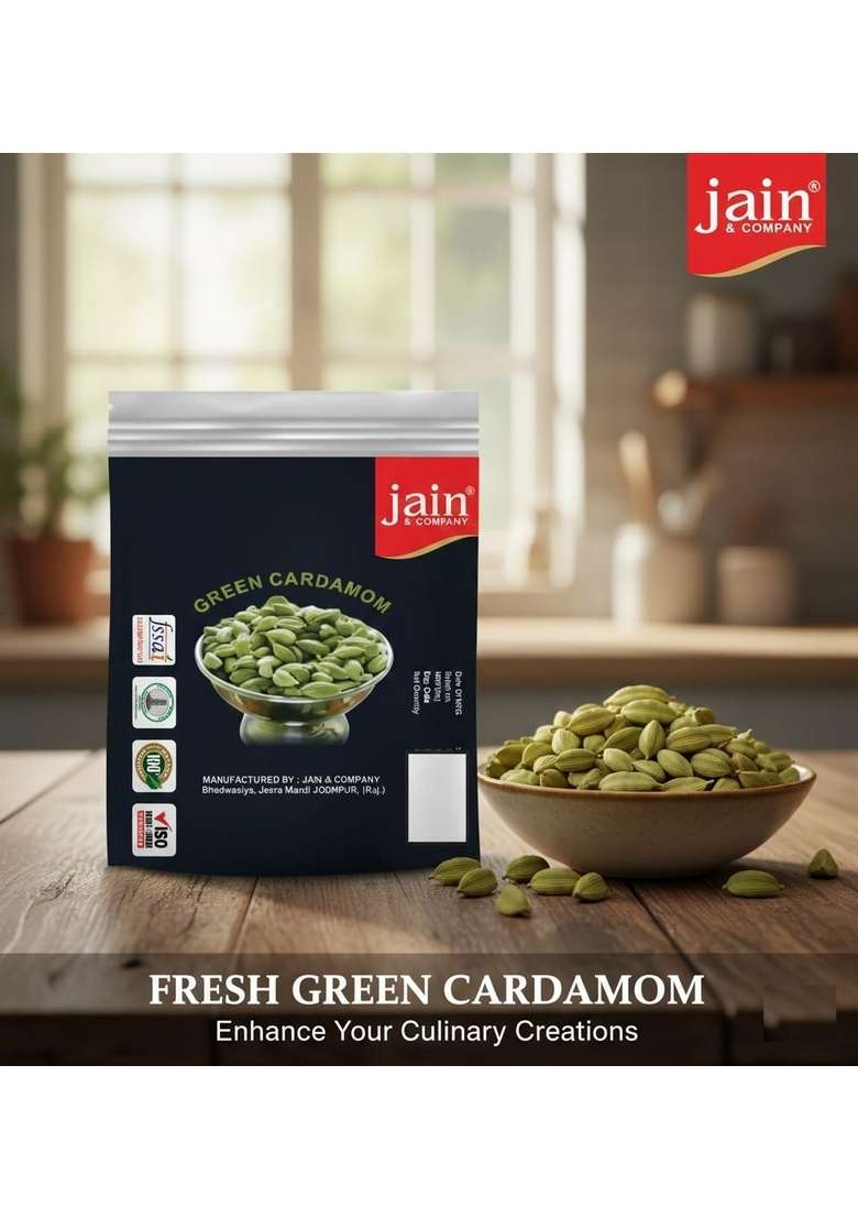 Jain & Company Green Cardamom (Elaichi) | Premium Whole Aromatic Pods 100% Natural Fresh Strong Aroma Flavour Ideal for Tea, Desserts Cooking (250 gm) - Indya