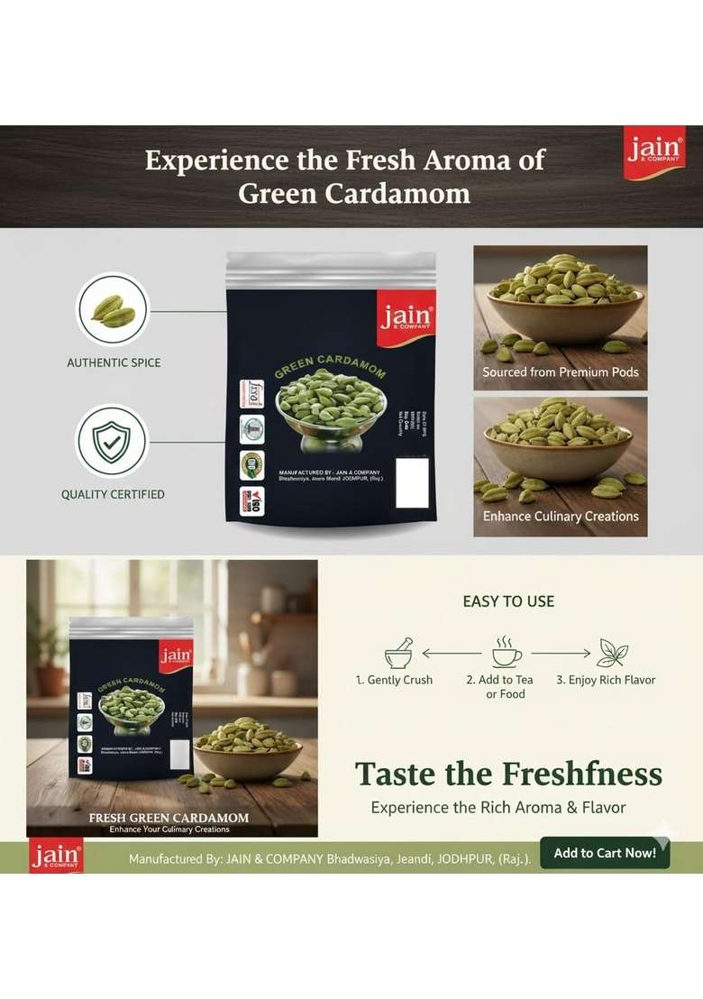Jain & Company Green Cardamom (Elaichi) | Premium Whole Aromatic Pods 100% Natural Fresh Strong Aroma Flavour Ideal for Tea, Desserts Cooking (250 gm) - Indya