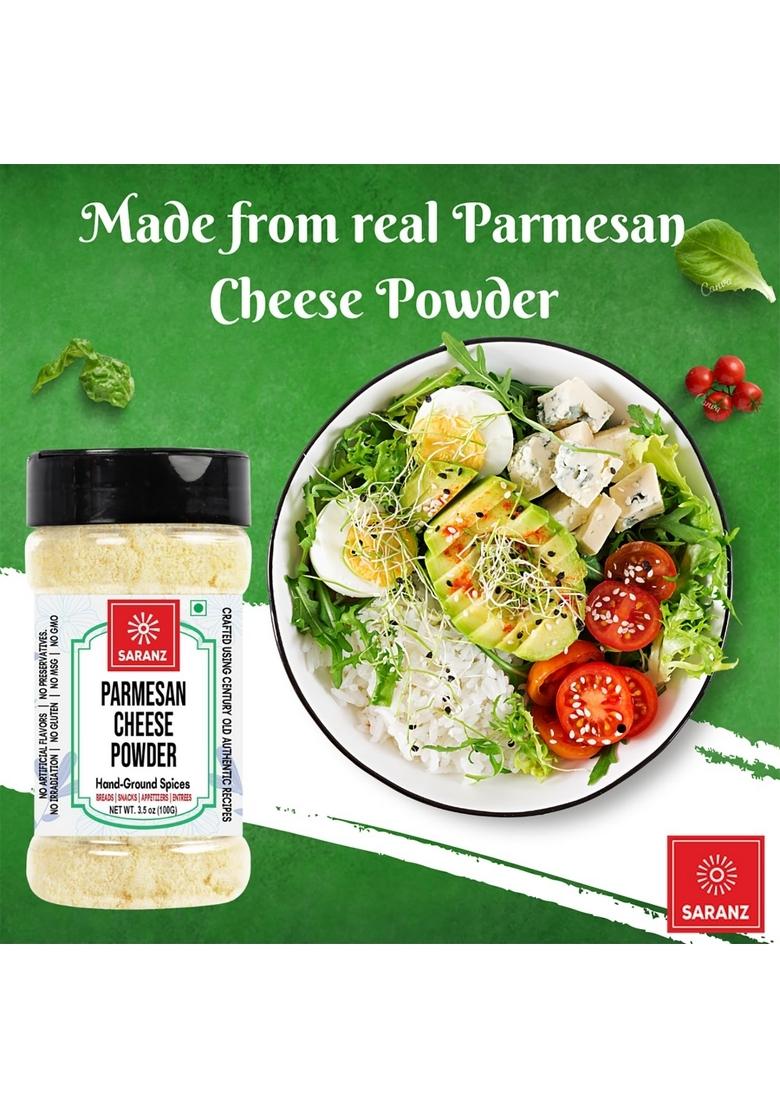 SARANZ Parmesan Cheese Powder Seasoning | Exotic for PopCorn, Pasta, Pizza, Nachos, Fries, Mac&Cheese, Taco, Omlete, etc Sprinkle On the Dish To Make It Cheesey 100gm