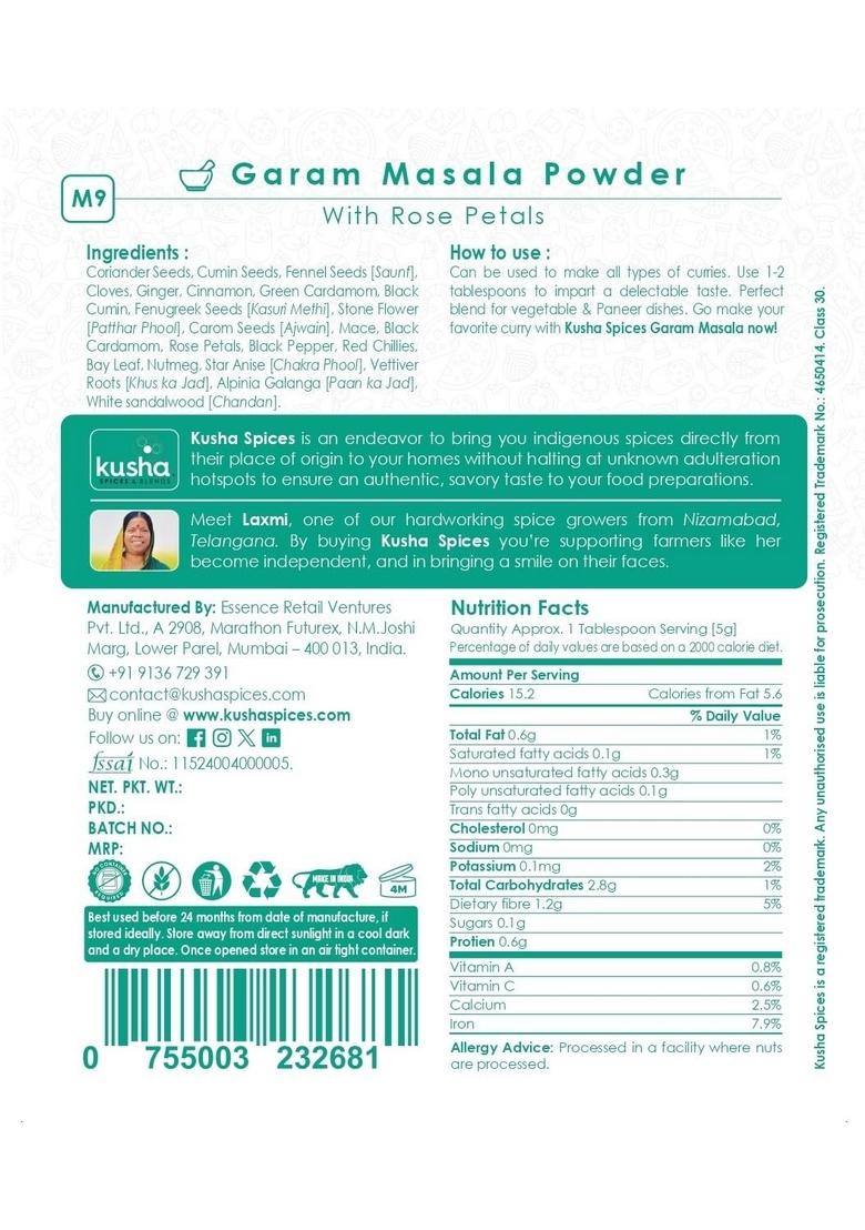 Kusha Spices & Blends Premium Garam Masala (100g) | Proprietary Blend Powdered Spice Natural Contains Sandalwood Powder and Rose Petals Original Recipe Used In Curries Vegetables