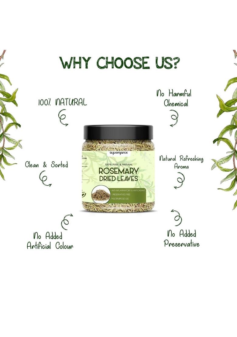 AYUORGANIX Dry Rosemary Leaves 150g | 100% Pure & Natural Sun-Dried Aromatic Herb in Food-Grade Jar For Cooking, Tea Hair Care No Preservatives