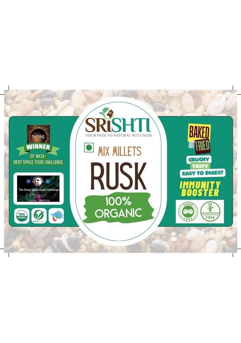 GREEN SRISHTI -Vegan, 100% Certified Organic Mixed Millet Sugar free Rusk 110 gm pack | Crispy, tasty,Healthy, Gluten-Free, Guilt-Free Snack for Tea-Time Bliss - Indya