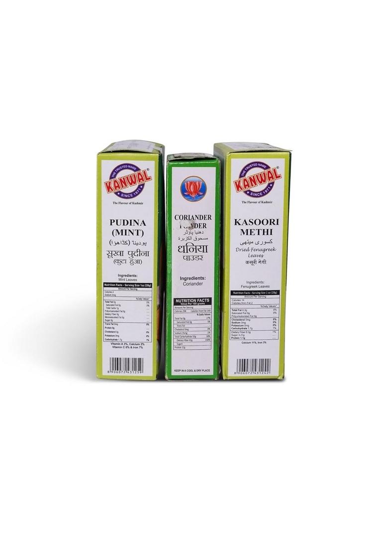Kanwal Kasoori Methi, Fenugreek 25 gram Pudina Mint 50 corinader Powder 100 cambo
