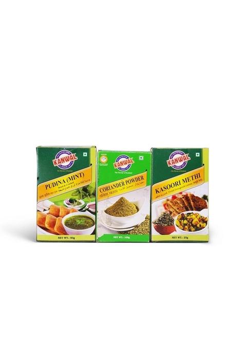 Kanwal Kasoori Methi, Fenugreek 25 gram Pudina Mint 50 corinader Powder 100 cambo