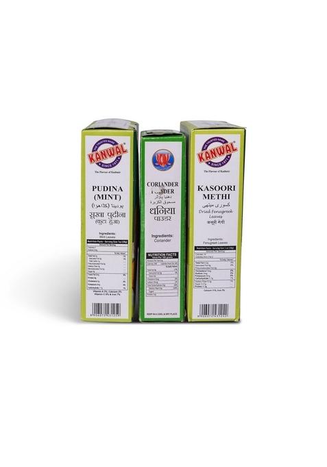 Kanwal Kasoori Methi, Fenugreek 25 gram Pudina Mint 50 corinader Powder 100 cambo