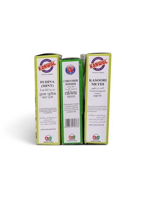 Kanwal Kasoori Methi, Fenugreek 25 gram Pudina Mint 50 corinader Powder 100 cambo