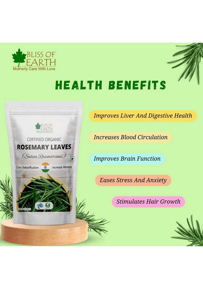 BLISS OF EARTH Dried Rosemary Leaves Certified Organic Rosmarinus Officinalis Great for Tea, Cooking, Hair & Memory 50GM - Indya