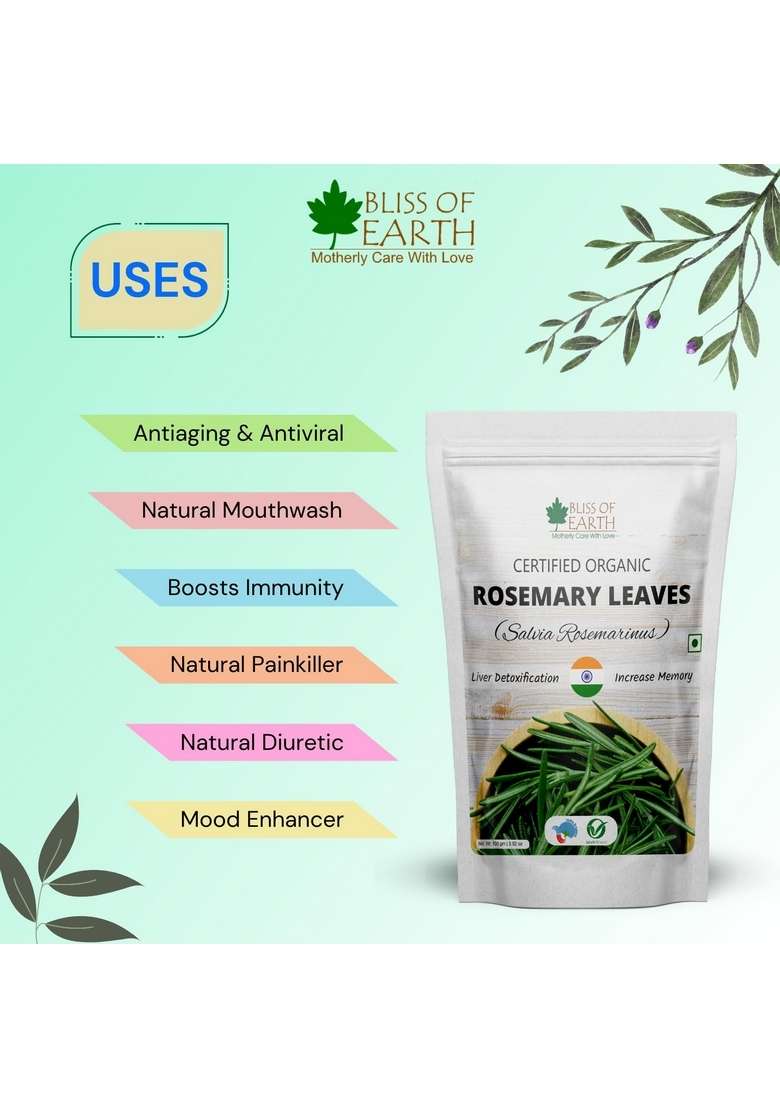 BLISS OF EARTH Dried Rosemary Leaves Certified Organic Rosmarinus Officinalis Great for Tea, Cooking, Hair & Memory 50GM - Indya
