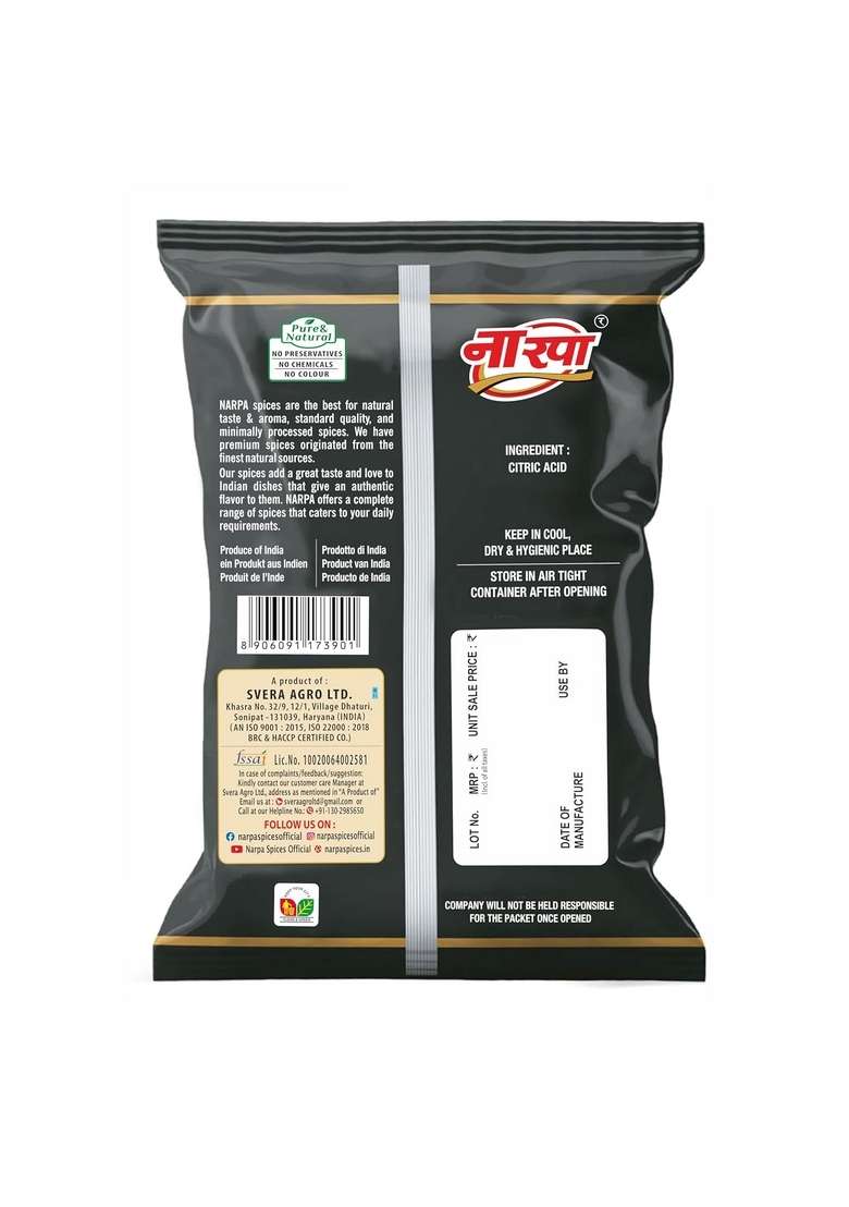 Narpa Citric Acid (Food Grade) 100% Pure & Natural - Buy 1 Get FREE | Ideal for Cooking, Preserving, Pickling, Baking Cleaning Multipurpose Kitchen Essential 100g Pack - Indya
