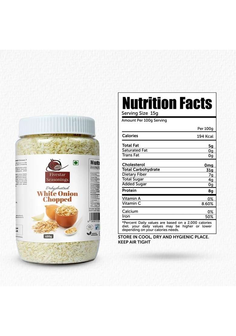 Nutty Fivestar Seasoning White Onion Chopped, 100% Natural, Rich In Iron, Easy To Cook, 0% Trans-Fat Dehydrated Flakes (400 Grams) - Indya