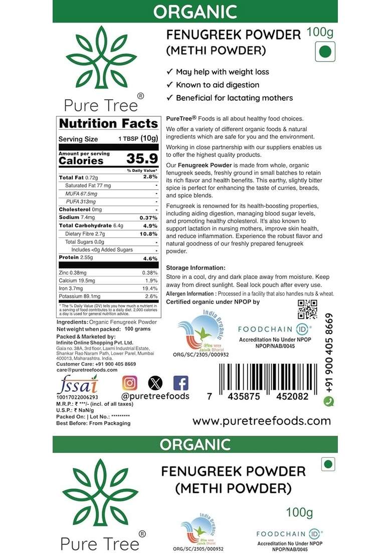 Pure Tree Certified Organic Fenugreek Powder | 100 g Methi Seed Edible Menthulu - Indya