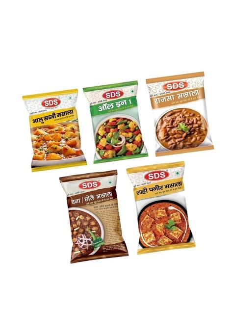 SDS Masala Combo - Pack of 5 | 1Pcs Each Shahi Panner 40g/Chana 70g/Rajma 70g/Aloo Sabzi 60g/All in One 50g Spices for Daily Use