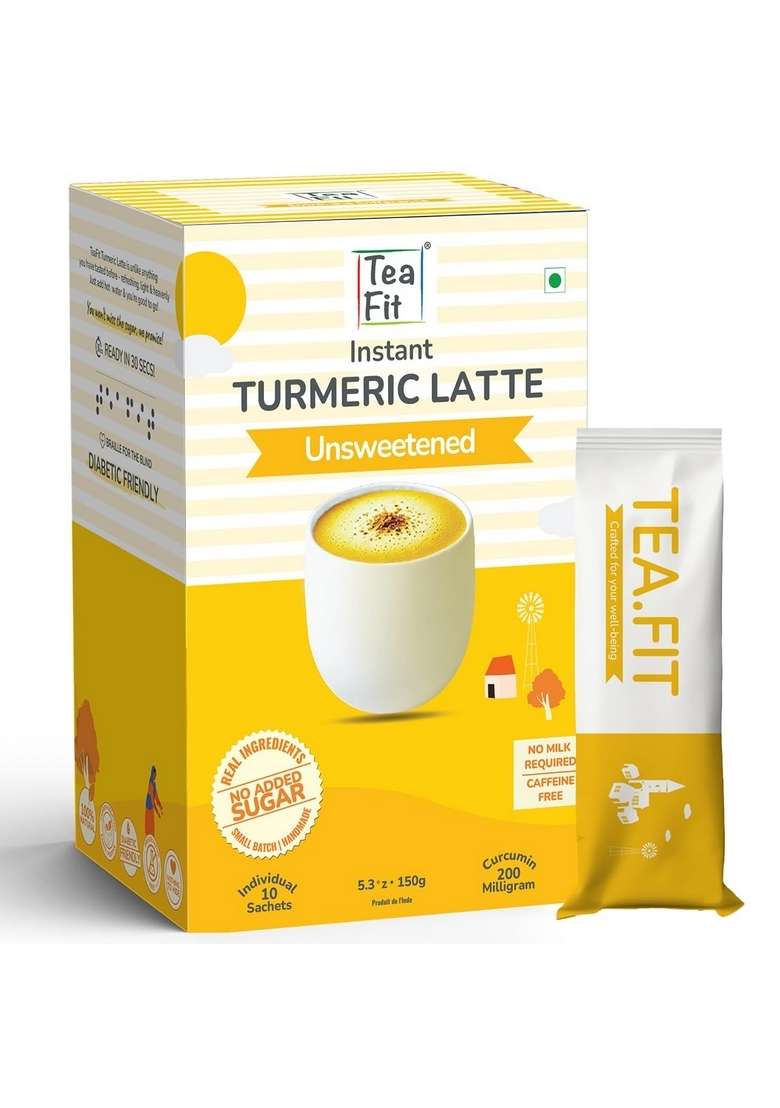 TeaFit NO SUGAR Instant Turmeric Latte | Healing Haldi Doodh 50 Sachets (750gm) + Spoon Get Good Sleep Ayurvedic Remedy Diabetic-Friendly With Lakdadong - Indya