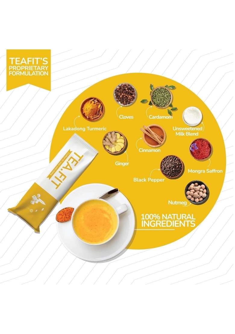 TeaFit NO SUGAR Instant Turmeric Latte | Healing Haldi Doodh 50 Sachets (750gm) + Spoon Get Good Sleep Ayurvedic Remedy Diabetic-Friendly With Lakdadong - Indya