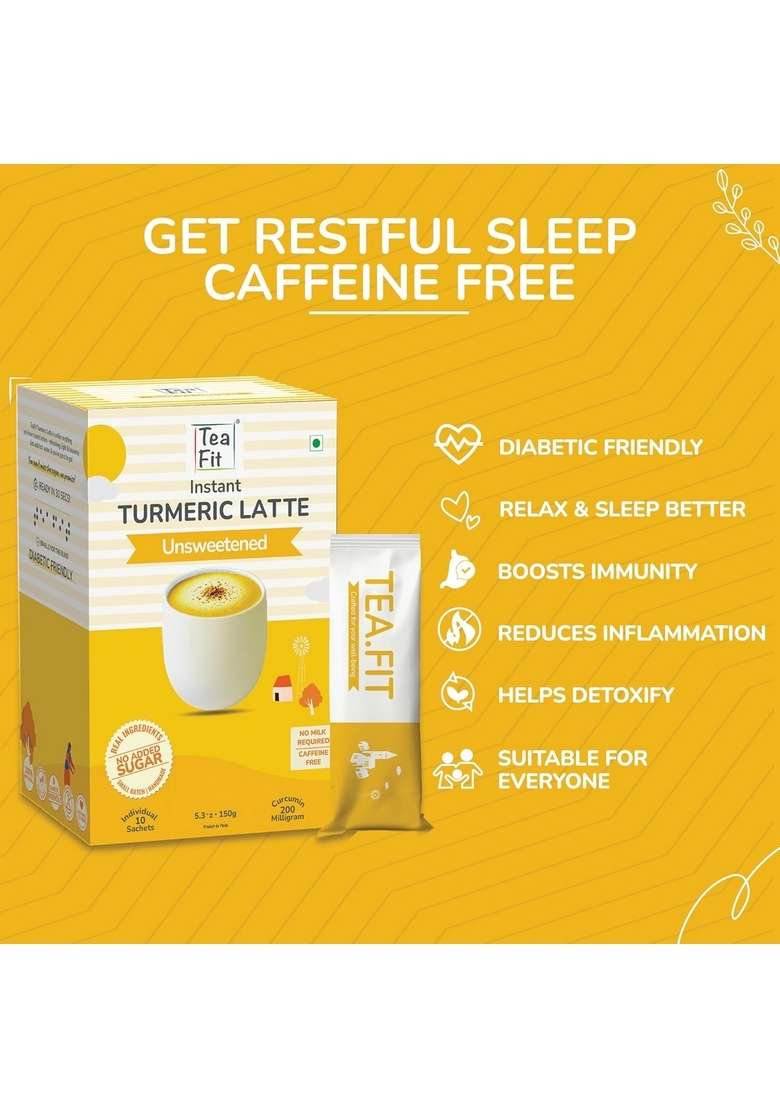 TeaFit NO SUGAR Instant Turmeric Latte | Healing Haldi Doodh 50 Sachets (750gm) + Spoon Get Good Sleep Ayurvedic Remedy Diabetic-Friendly With Lakdadong - Indya