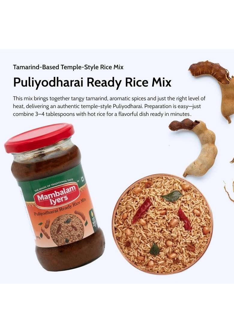 Mambalam Iyers Puliyodharai Ready Rice Mix - 300g Glass bottle | South Indian mixes made with 100% Gingelly Oil sadham Paste - Indya