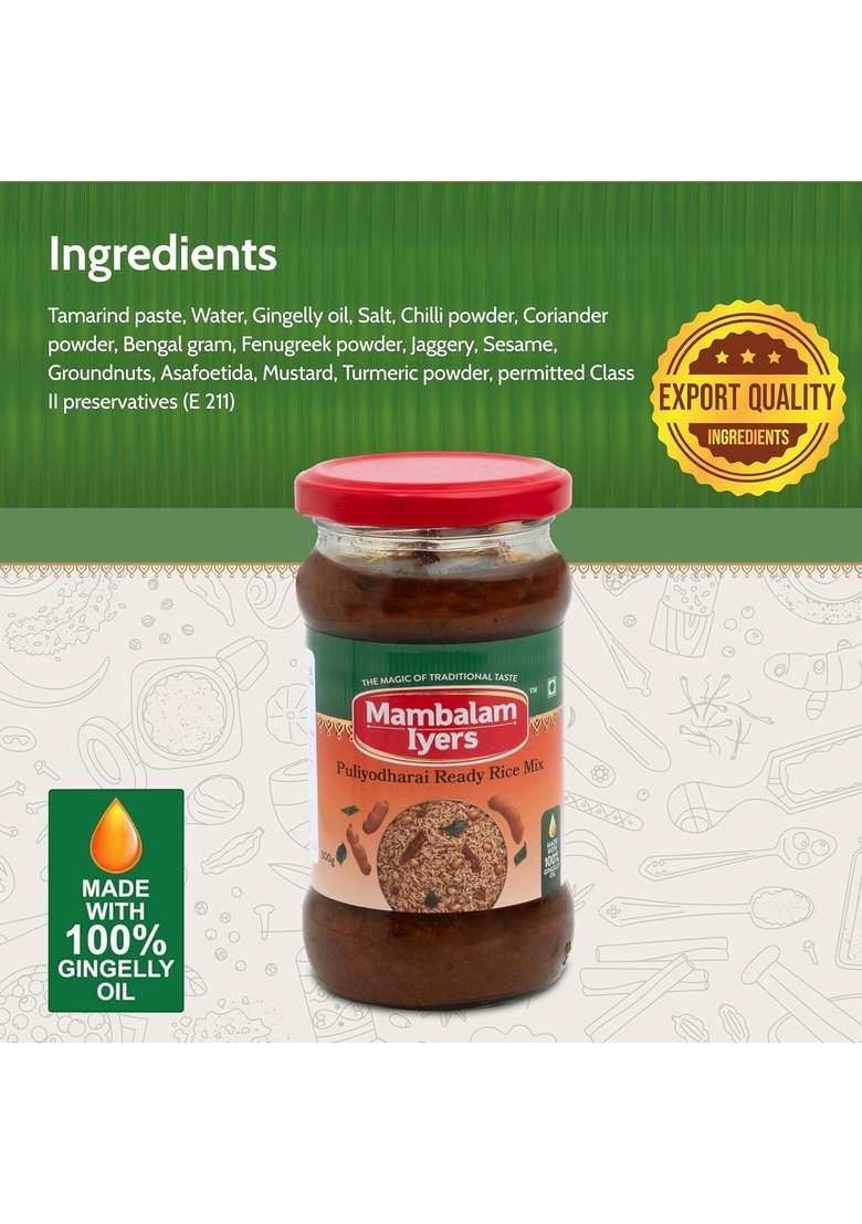 Mambalam Iyers Puliyodharai Ready Rice Mix - 300g Glass bottle | South Indian mixes made with 100% Gingelly Oil sadham Paste - Indya