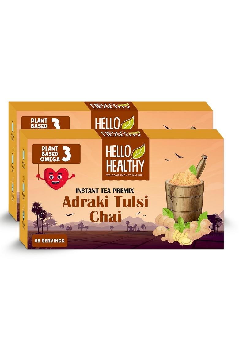 Hello Healthy Adraki Tulsi Chai | Instant Ginger Tea Premix Adrak Mix Readymade Powder Pack of 16 Sachets (11 g Each) Rich in Antioxidants, Supports Digestion