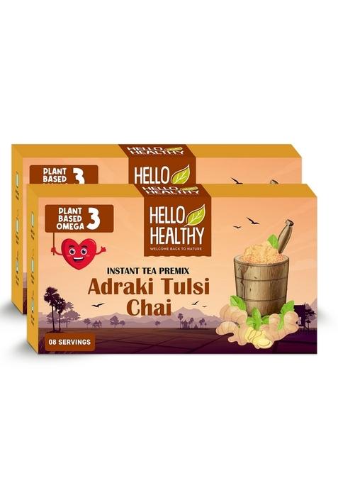 Hello Healthy Adraki Tulsi Chai | Instant Ginger Tea Premix Adrak Mix Readymade Powder Pack of 16 Sachets (11 g Each) Rich in Antioxidants, Supports Digestion