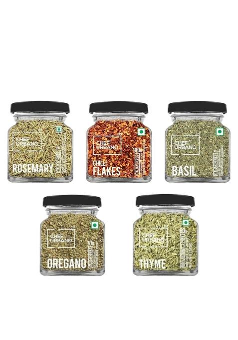 CHEF URBANO Combo of Oregano 70g, Basil 40g, Thyme 60g, Rosemary 40g & Chilli Flakes 100g