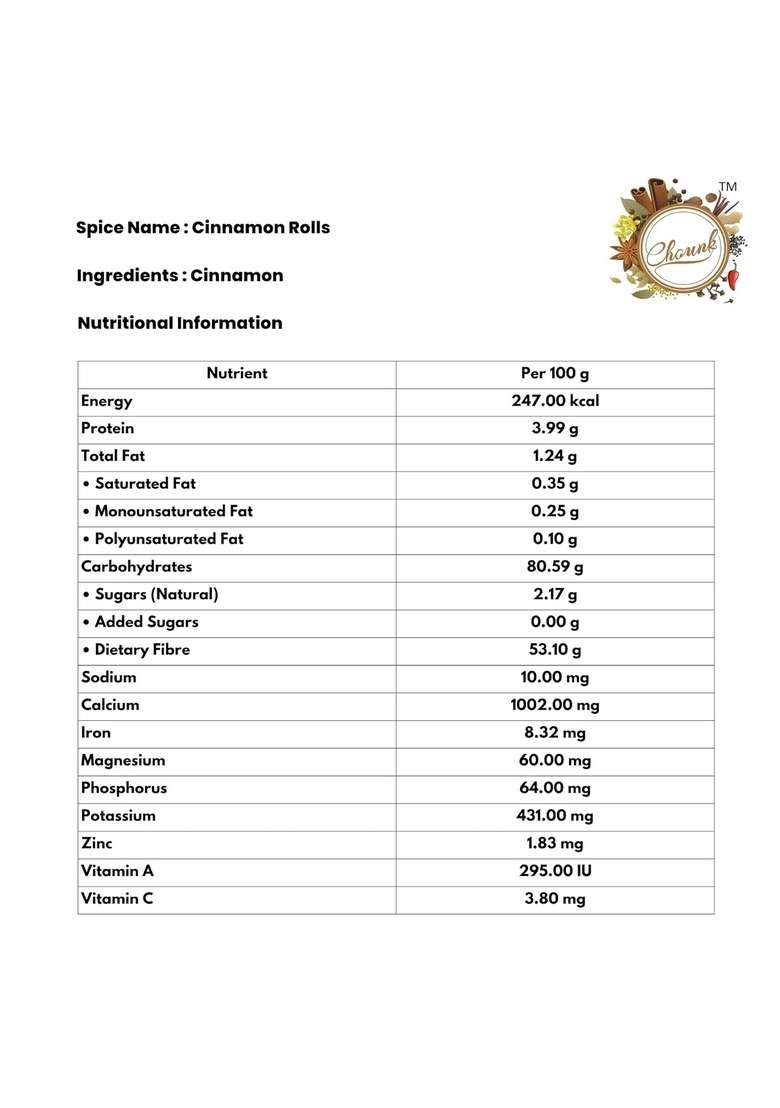 Chounk Cinnamon Roll Powder | Pure and Natural Masala Organic Dalchini with No Preservative Used in flavorful Cooking, Tea & Baking Cinamon 200gm - Indya