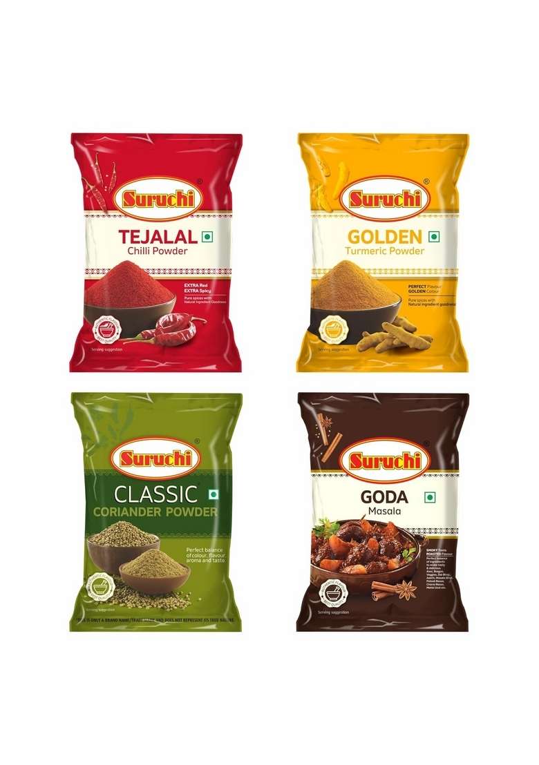 Suruchi Daily Spice Combo Pack (Tejalal Red Chilli Powder - 500g, Golden Turmeric 200g, Coriander Goda Masala 200g | Natural Pure Quality, No Artificial Colors (Pack of 4) - Indya