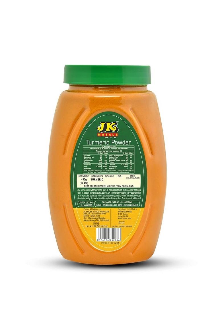 JK Haldi (Turmeric) Powder Jar, 500g | Natural Golden Turmeric 100% Vegan NO Added Flavours and Colours Perfect for Indian Cooking (Jar Pack of 1)