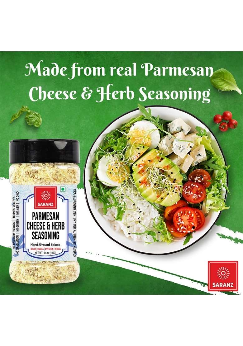 SARANZ Parmesan Cheese & Herb Exotic Seasoning Special Made with Fresh Herbs Aromatic Seasonings Best for Making Delicious Cheese/Flavoured Snacks-100 Grams Sprinkler Jar - Indya