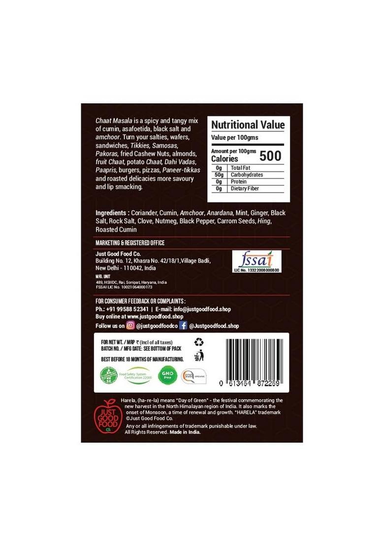 JUST GOOD FOOD CO Harela Certified Organic Chaat Masala Powder with Natural Oils | No Additives or Harmful Chemicals Cold-Pressed & Steam Sterilised Aromatic Flavourful (Pack-3)
