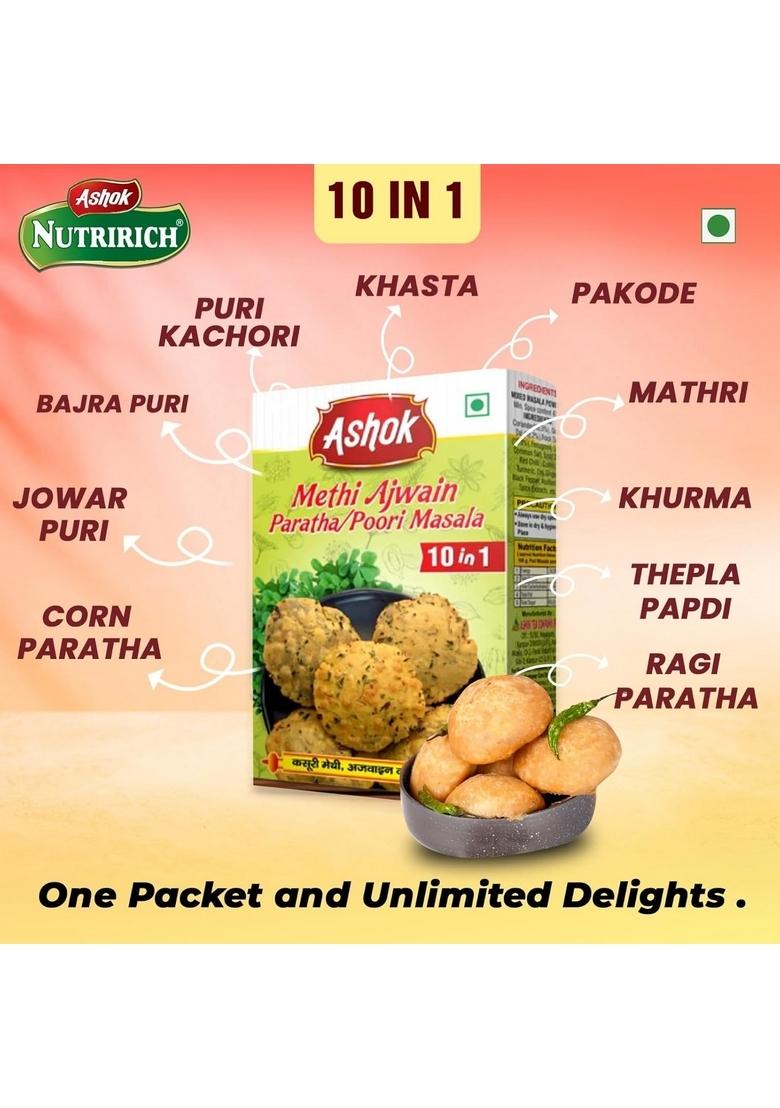 ASHOK NUTRIRICH Methi Ajwain Paratha/Poori Masala Mix 100g | Ready-to-Use Spiced Flour Digestive & Flavorful Ideal for Indian Flatbreads 100% Vegetarian No Preservatives (Pack of 2)