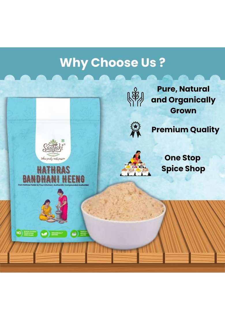 SAATYAKI NATURALS Organic Hathras Bandhani Heeng Powder/Kadak Tadka/ (50g) Pure Asafoetida for Cooking, Aromatic Spice Flavorful Dishes, Authentic and Natural Pack of 1 - Indya