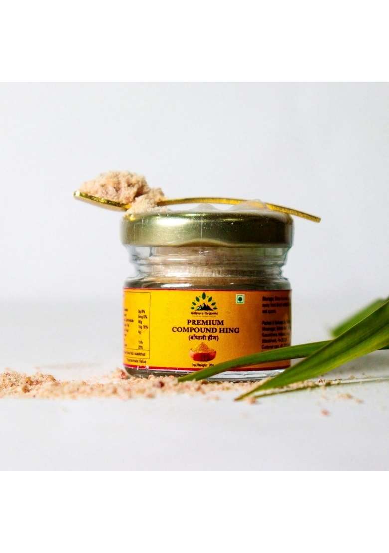 Hillpure Organic Grown by mother nature Growwn Heeng 20 gm, Compunded Asafoetida (Bandhani Hing), Strong Flavour & Aroma, Airtight Packaging for Freshness, gm Glass Bottle - Indya