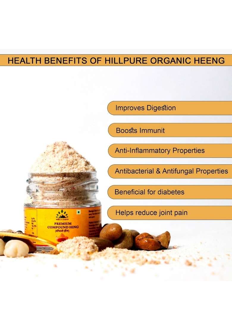 Hillpure Organic Grown by mother nature Growwn Heeng 20 gm, Compunded Asafoetida (Bandhani Hing), Strong Flavour & Aroma, Airtight Packaging for Freshness, gm Glass Bottle - Indya