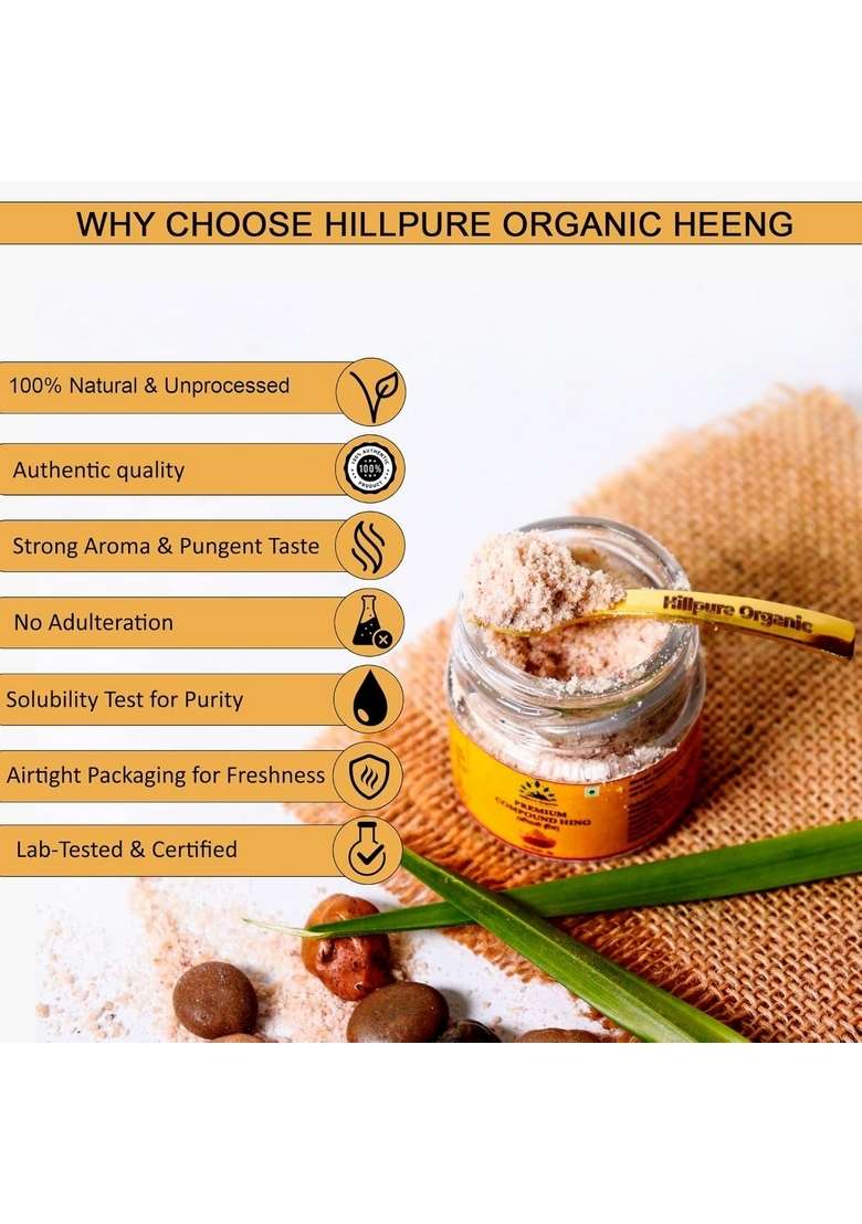 Hillpure Organic Grown by mother nature Growwn Heeng 20 gm, Compunded Asafoetida (Bandhani Hing), Strong Flavour & Aroma, Airtight Packaging for Freshness, gm Glass Bottle - Indya