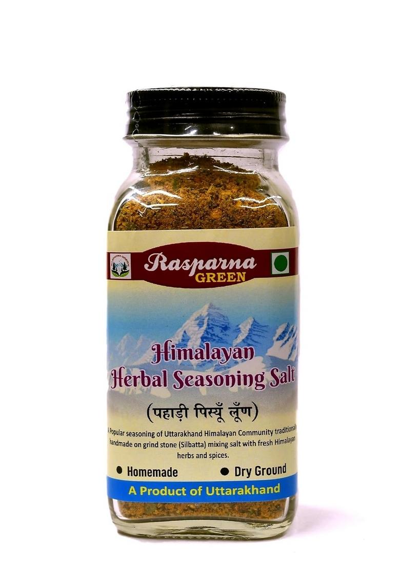 Rasparna Green Mix Garlic Flavored Seasoning Salt in Spinker Glass Bottle Herbal Pisyun Loon Pahadi Masala Namak 100g