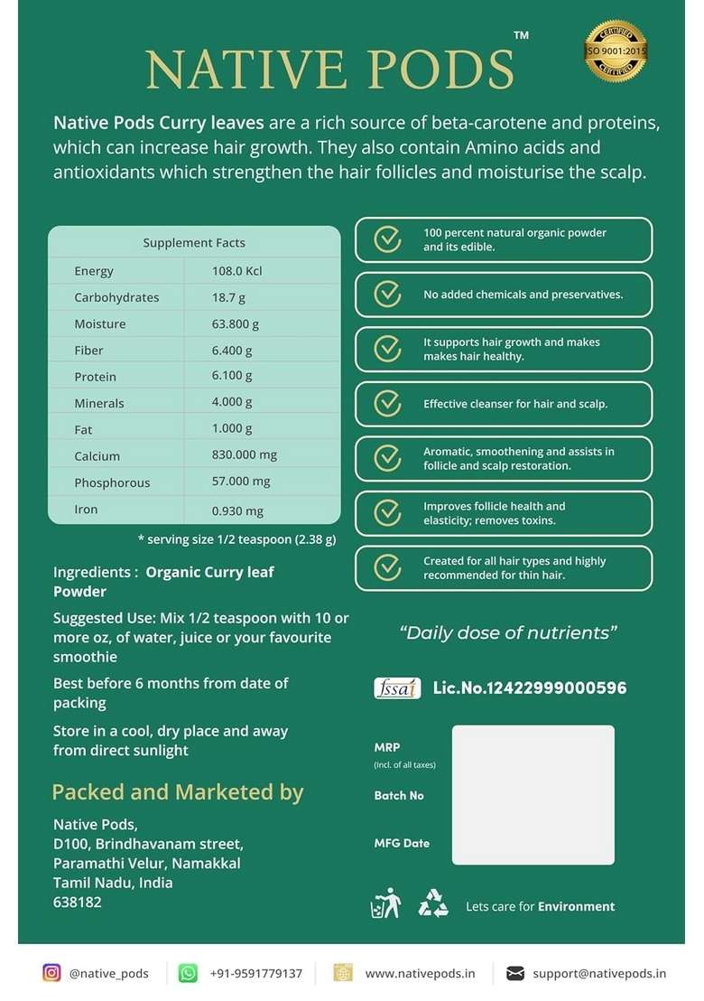 NATIVE PODS Organic Curry Leaf - Powder/Curry Leaves Powder Kadi Patta Leave,kadi powder,Karuvepillai 200g (Pack of 1) - Indya