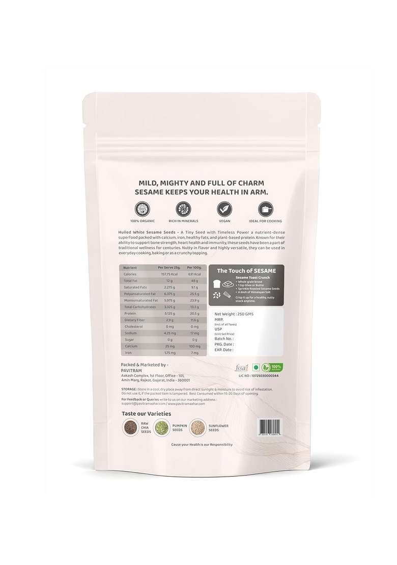 Pavitram Aahar Hulled White Sesame Seeds, 250g - Indya