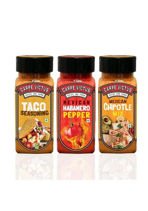 CARPE VICTUS Exotic Mexican Seasonings Combo (Taco Seasoning, Habanero Pepper, Chipotle Mix), International Spice Blend for Tacos, Tortillas, Burritos, Pack of 3, (100grams/pack)
