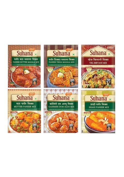 Suhana Veg Spice Mixes Combo of 6 - (Paneer Butter, Biryani, Paneer Tikka, Shahi Paneer, Kashmiri Dum Aloo, Mutter Paneer) Easy to Cook | Mix