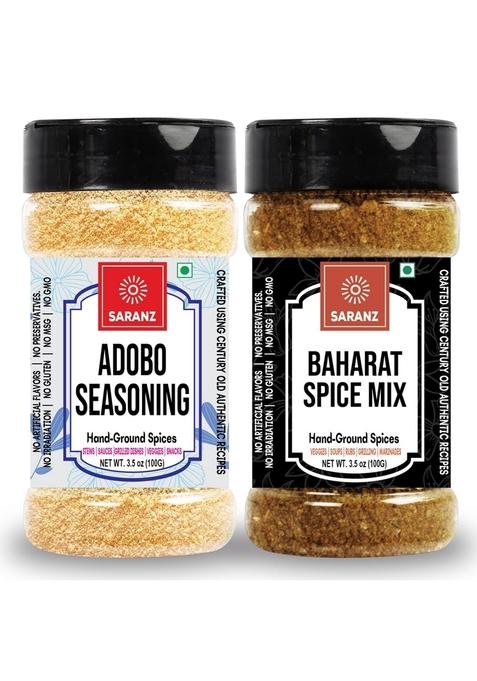 SARANZ Adobo & Baharat Spice Mix Seasoning ( Combo Pack ) Perfect for Snacks, Appetizers | Hand-Grounded Spices Fresh Powder Grilling Marinade Sweet-Spiced 100 Grams Sprinkler Jar