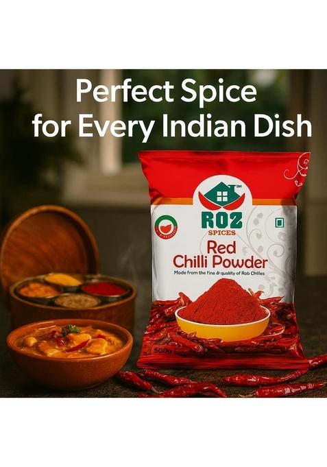 ROZ SPICES Red Chilli Powder | Pure & Natural Lal Mirch Made Premium Sun-Dried Chilies No Artificial Colors or Additives Fresh Aromatic Spice for Everyday Cooking-500g