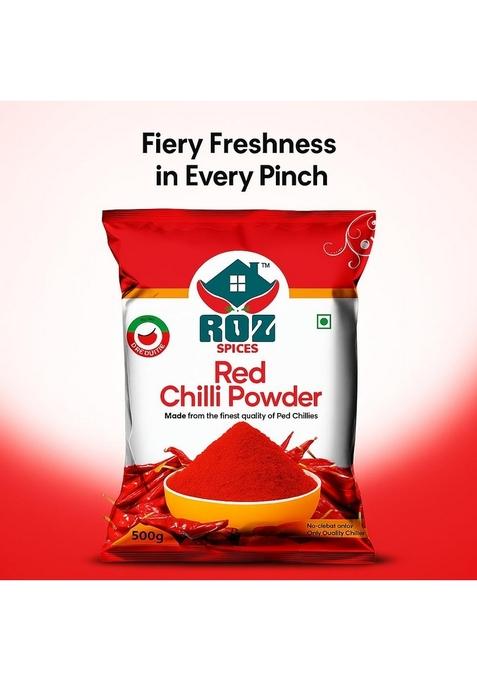 ROZ SPICES Red Chilli Powder | Pure & Natural Lal Mirch Made Premium Sun-Dried Chilies No Artificial Colors or Additives Fresh Aromatic Spice for Everyday Cooking-500g