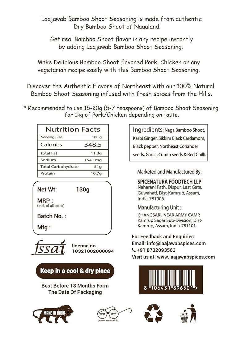 Laajawab Thai/Northeast Style Bamboo Shoot Seasoning Powder with Real from Nagaland | Give Flavor to Any Curry or Soup Including Pork/Chicken Dishes 100% Natural, 130g - Indya
